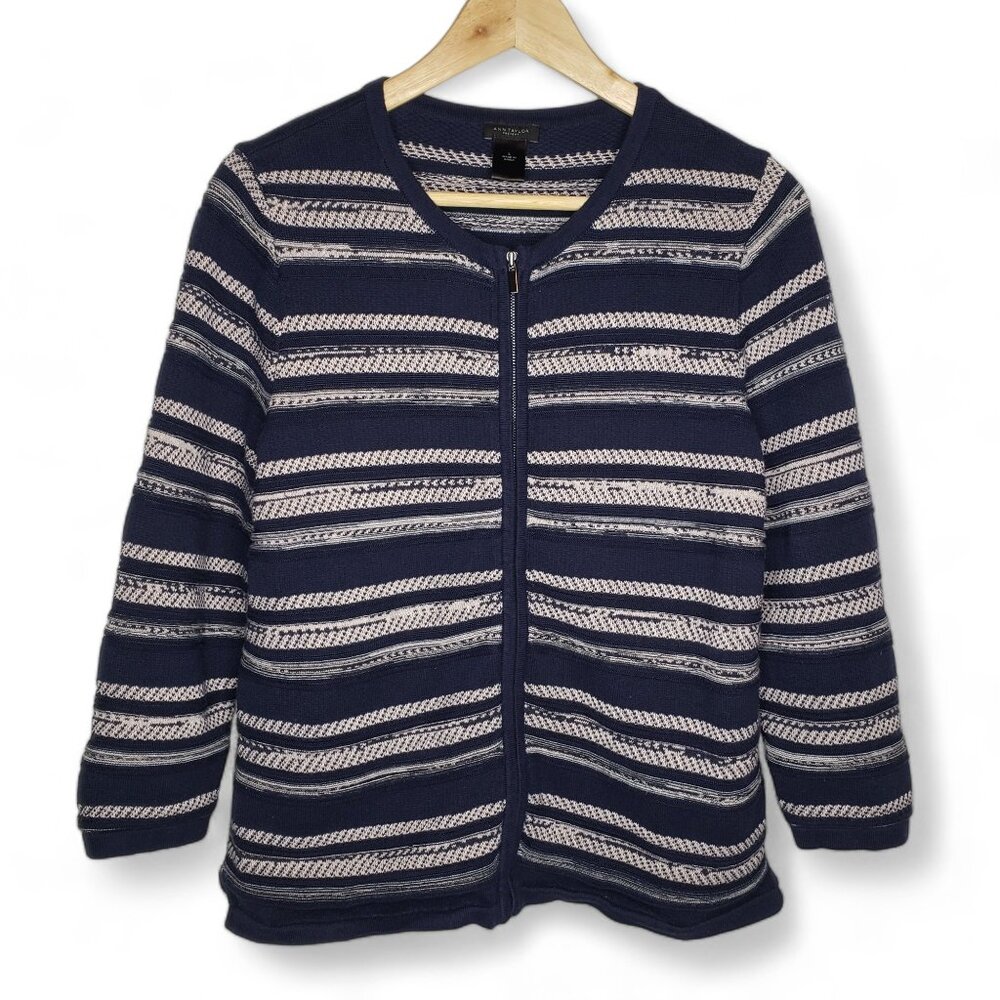 Ann Taylor Full Zip Cardigan Sweater Women's 3D Texture Horizontal Stripe L